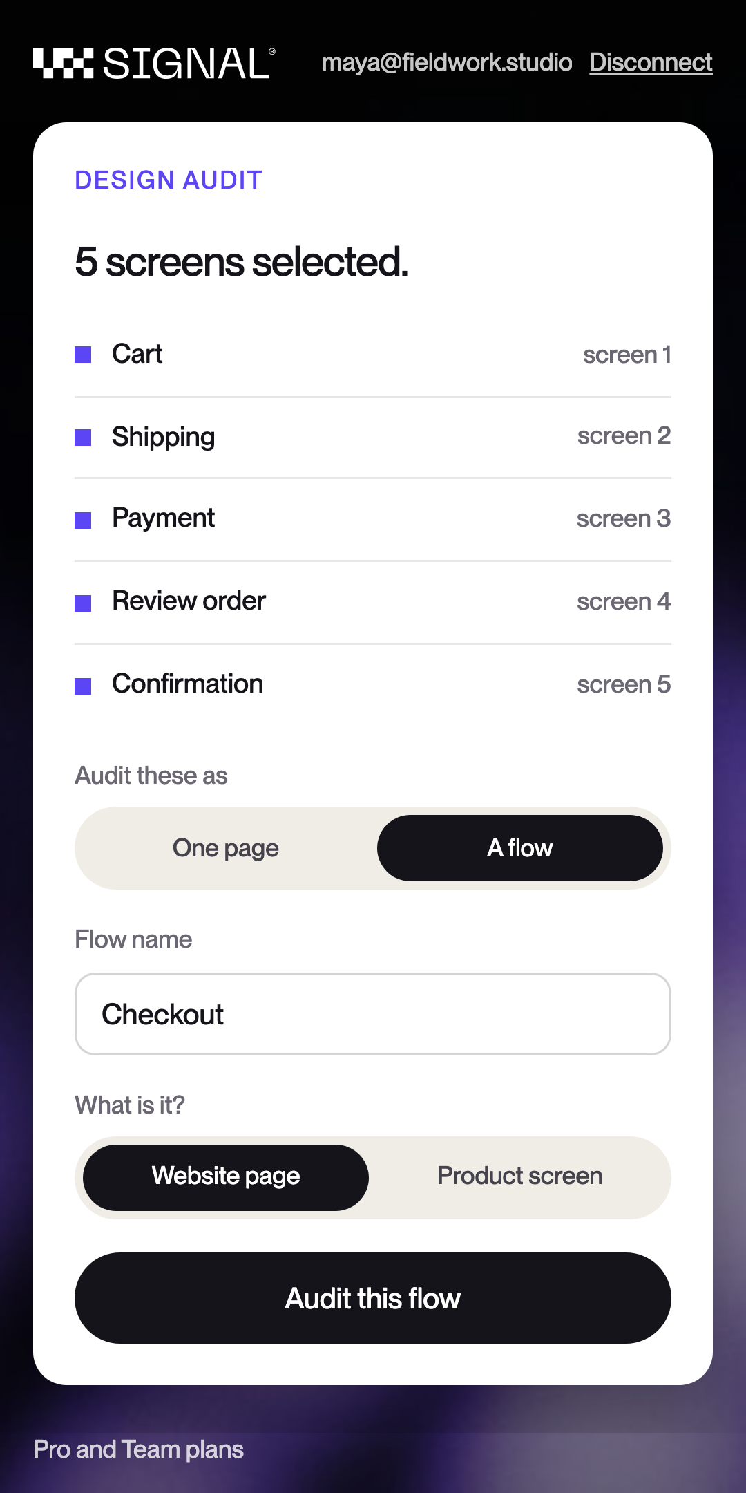 The UX Signal plugin in Figma with five checkout screens selected, set to audit them as a flow