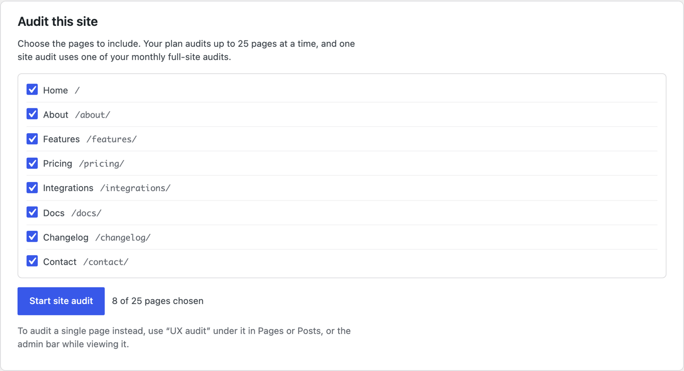 The plugin's page list in WordPress: Home, About, Features, Pricing and four more pages ticked, with a Start site audit button and 8 of 25 pages chosen.